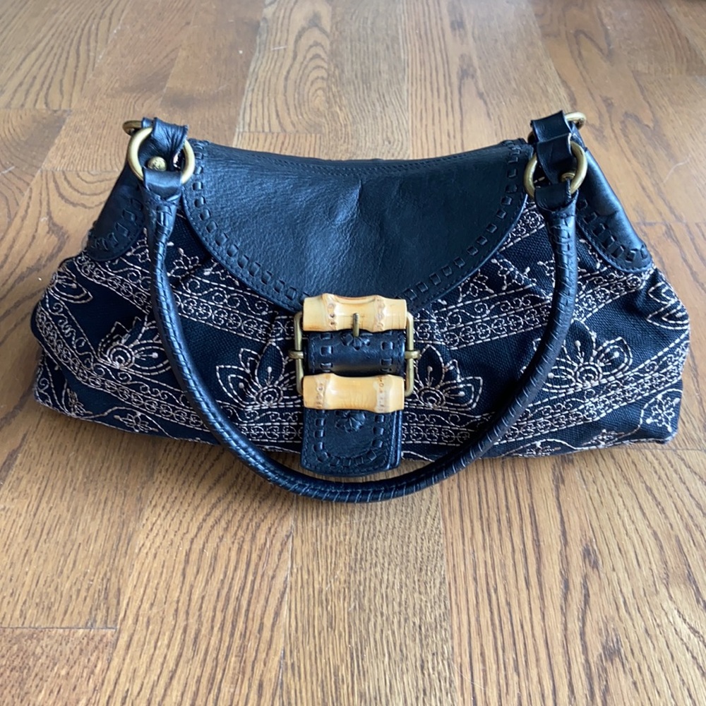 Kate Landry leather and cotton bag with bamboo.